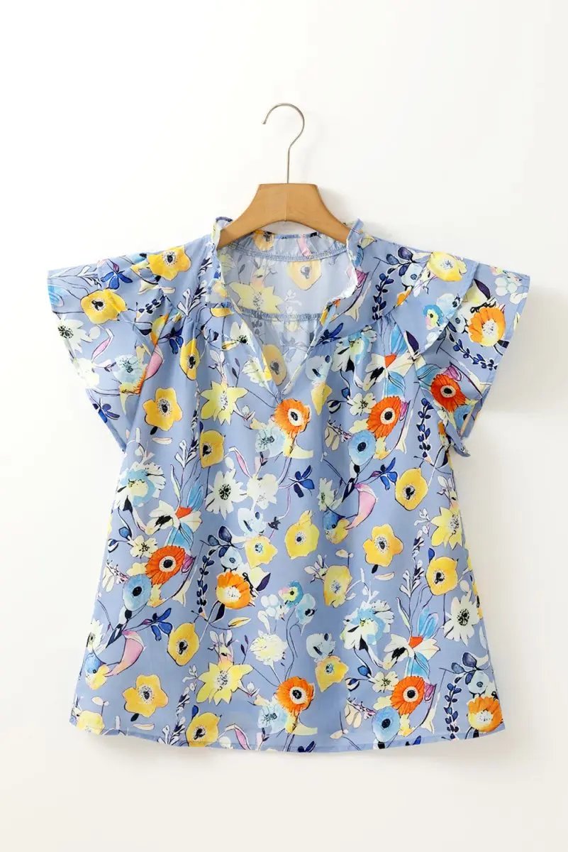 Sky Blue Flutter Sleeve V Neck Floral Top for Women - Love Salve